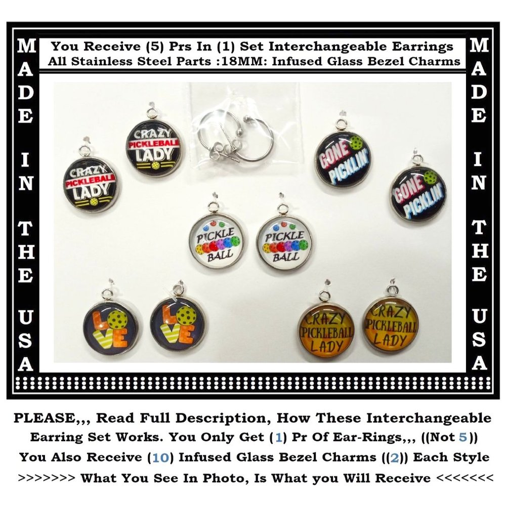 5/$20 PICKLEBALL Game Party Fun - Interchangeable Charm Earrings-5 Pairs in Set